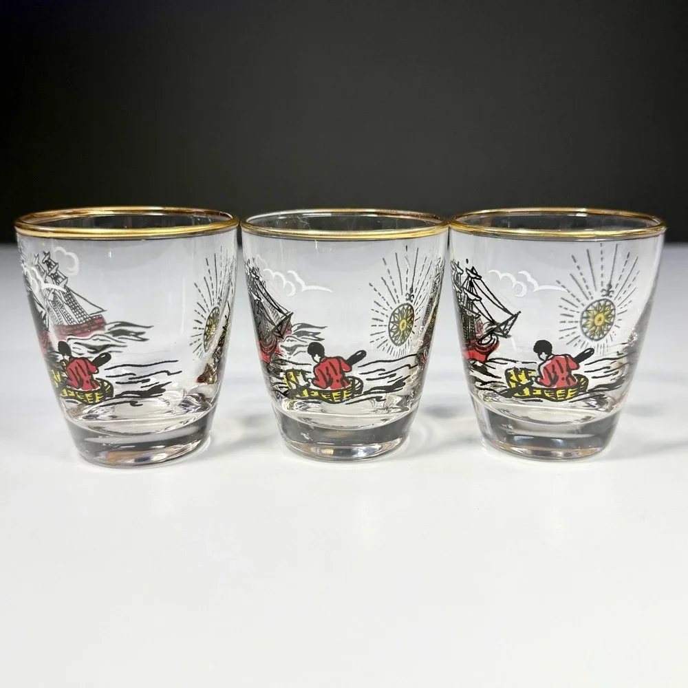 VTG Libbey Treasure Island Gold Rim Shot Glasses Pirate Ship MCM Barware Set/3